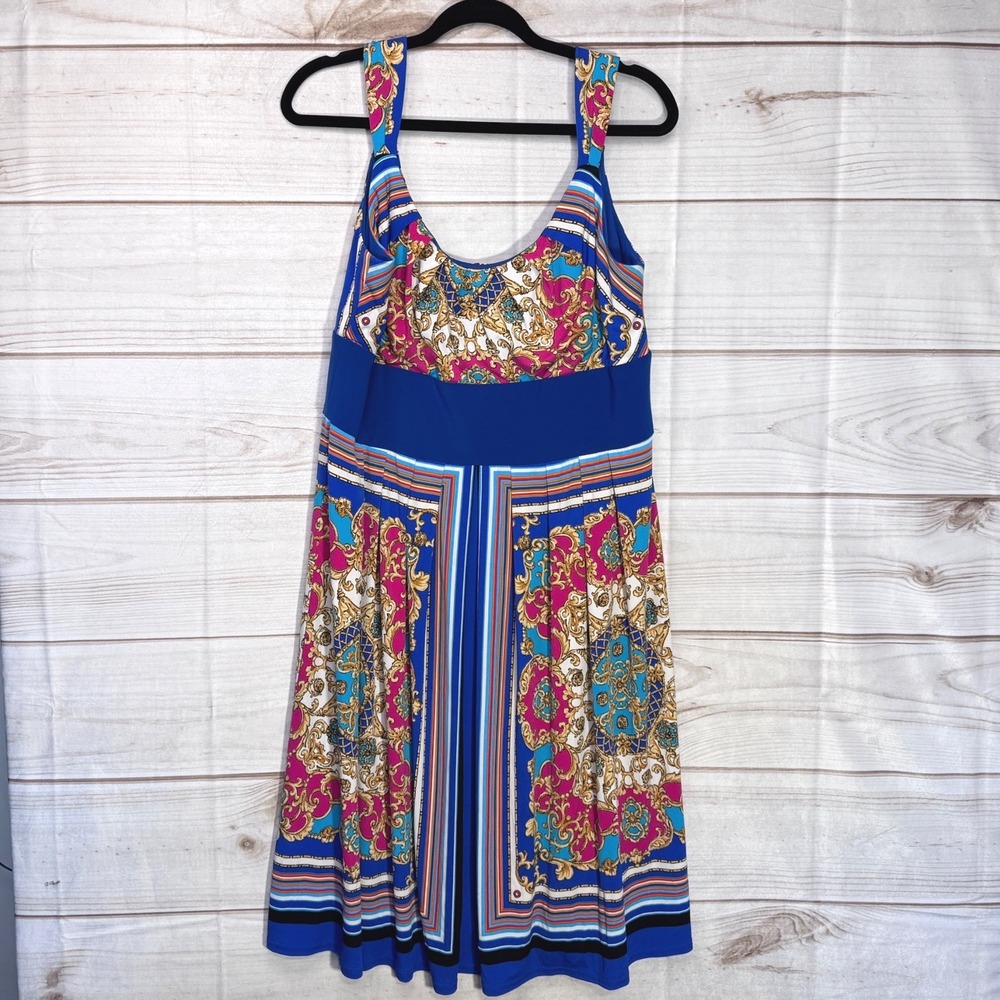 R&M Richards Blue Baroque Scarf Print Sleeveless Empire Waist Dress Size 14